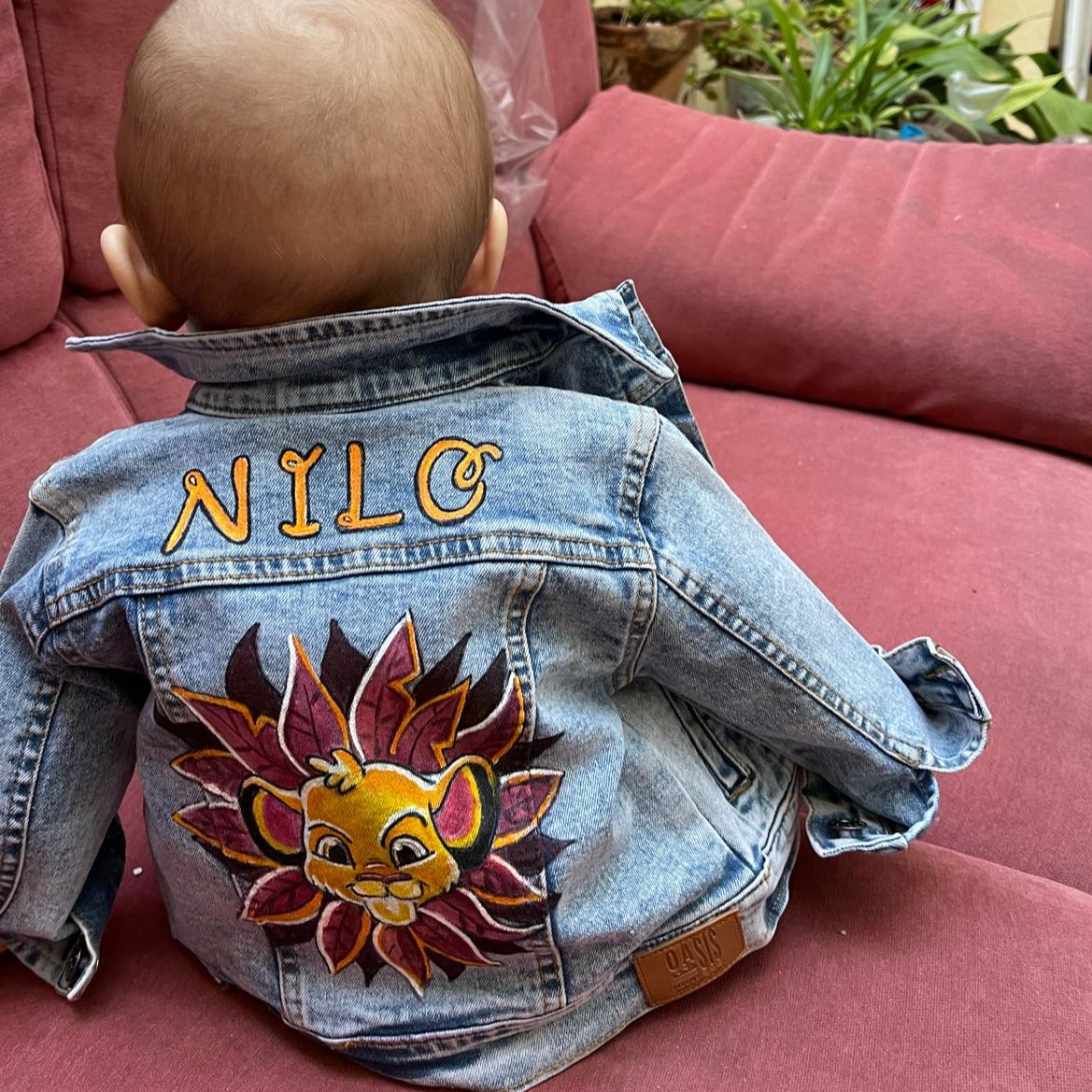 Personalized kids denim jacket with embroidered lion design - popular toddler jean jacket with name